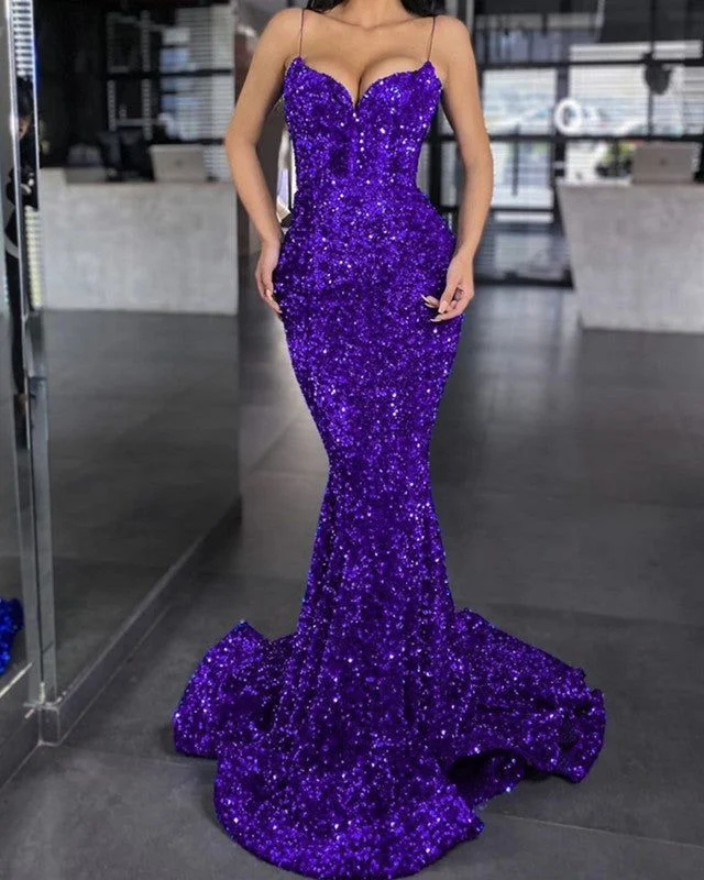 empire waist prom dressesMermaid Purple Sequin Prom Dress V Neck Formal Gown Spaghetti Strap