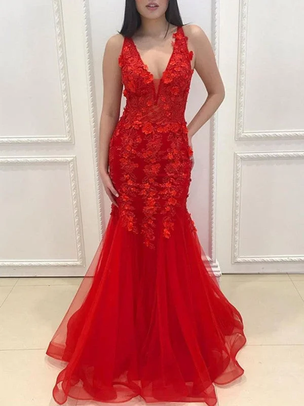 prom dresses with beaded accentsMermaid Red Lace Floral Prom Dress, V-neck Lace Long 2021 Prom Dresses