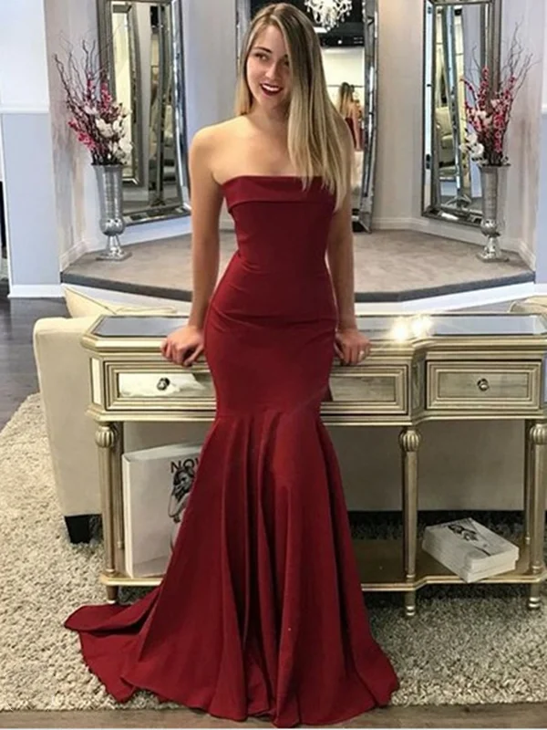 prom dresses with floral embroideryMermaid Strapless Sweep Train Prom Dresses Long, Jersey Trumpet 2021 Prom Dresses