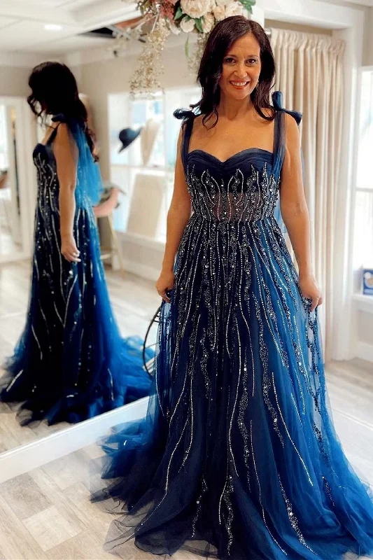 sparkly prom dressesNavy Blue Beaded Sweetheart Tie-Strap A-Line Prom Dress