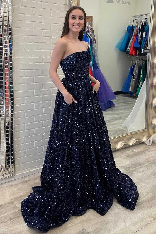 chiffon prom dressesNavy Blue Sequin Strapless A-Line Long Prom Gown