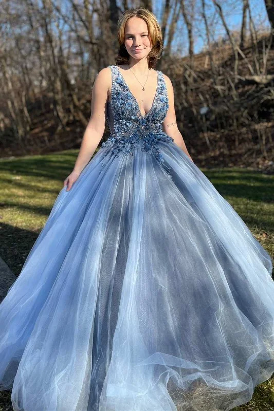 illusion neckline prom dressesNavy Blue Tulle V-Neck Long Prom Dress with 3D Floral Lace