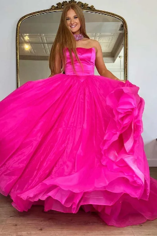 prom dress accessoriesNeon Pink Strapless A-Line Long Prom Dress with Beaded Neck