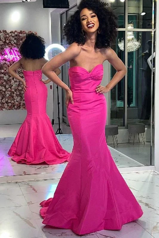 prom dress style guidesNeon Pink Strapless Cross Front Trumpet Long Prom Dress