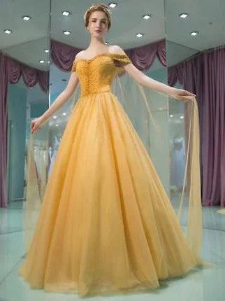 glamorous prom dressesOff Shoulder A-line Yellow Prom Dresses, Beaded Prom Dresses, Affordable Prom Dresses