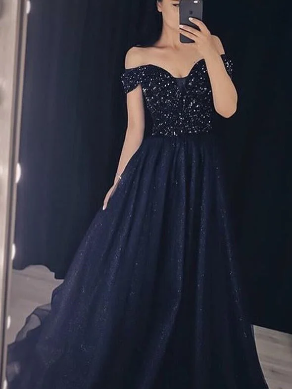 short prom dressesOff Shoulder Long A-line Navy Rhinestone Beaded Prom Dresses, Long Prom Dresses, 2020 Prom Dresses