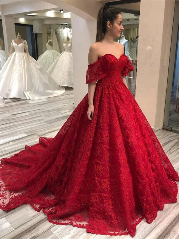 cap sleeve prom dressesOff Shoulder Long A-line Red Lace Prom Dresses, Formal Dresses, Long Prom Dresses, 2020 Prom Dresses