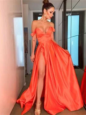 classic prom dressesOff Shoulder Long A-line Satin Prom Dresses, High Slit Prom Dresses, Satin Prom Dresses, 2021 Prom Dresses