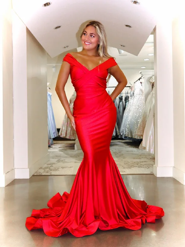 fitted prom dressesOff Shoulder Long Mermaid Red Prom Dresses, Satin Prom Dresses, Newest 2021 Prom Dresses