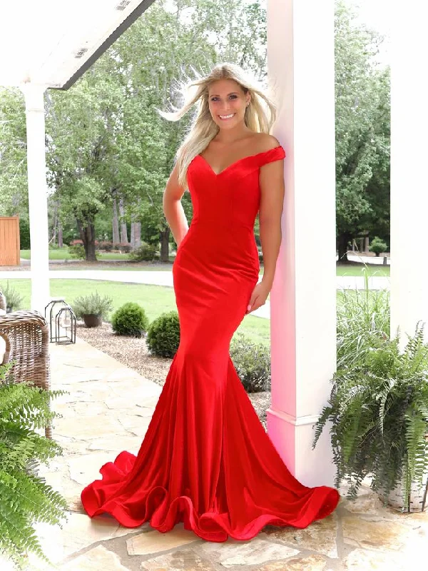 short prom dressesOff Shoulder Long Mermaid Red Prom Dresses, Velvet Prom Dresses, 2021 Prom Dresses