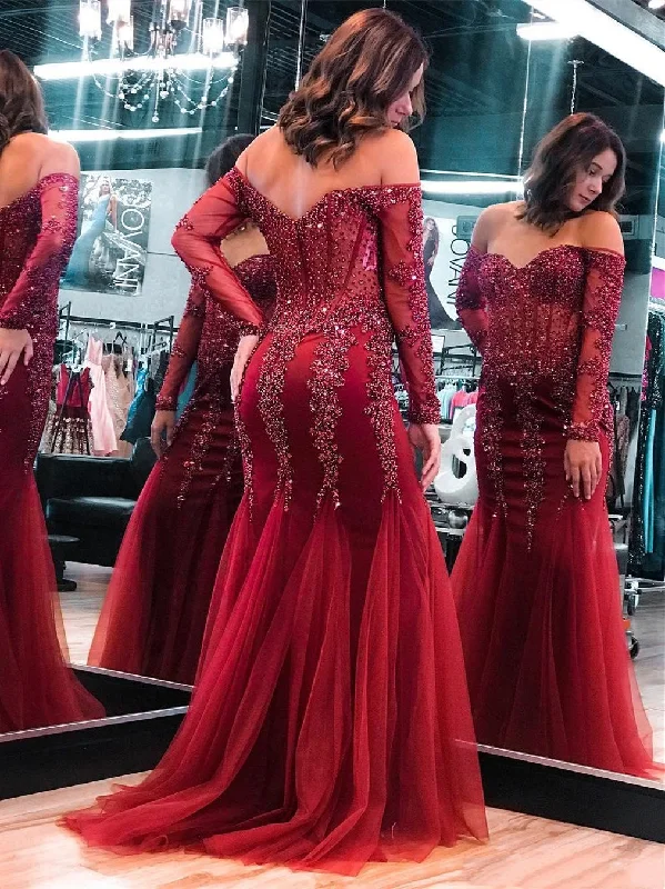 beaded prom dressesOff Shoulder Long Sleeves Dark Red Lace Beaded Prom Dresses, Mermaid Prom Dresses