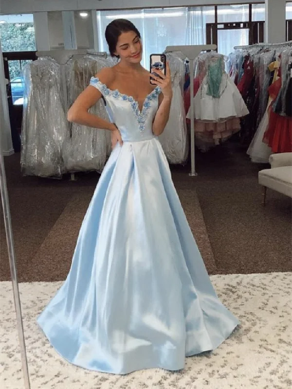 bodycon prom dressesOff the Shoulder Light Blue Satin Prom Dresses, A-line Prom Dresses, 2021 Prom Dresses, Cheap Prom Dresses, Popular Prom Dresses