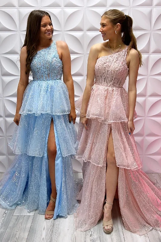 vintage prom dressesOne-Shoulder Lace A-Line Tiered Long Prom Dress with Slit