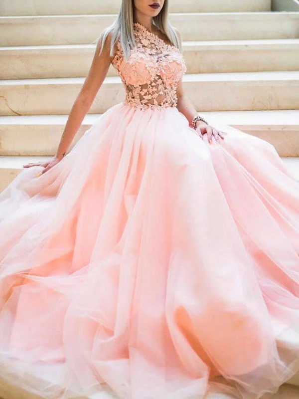 off-the-shoulder prom dressesOne Shoulder Lace Long Prom Dresses, Pink A-line Newest Prom Dresses 2020