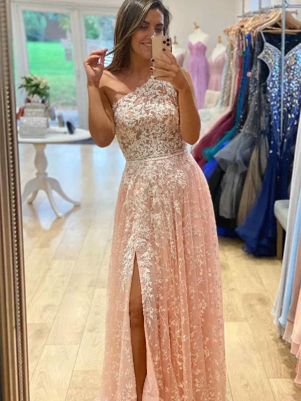 silk prom dressesOne Shoulder Long A-line Prom Dresses, Lace Prom Dresses, Cheap Prom Dresses, 2021 Prom Dresses