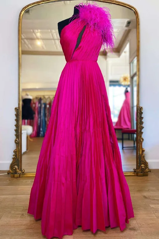 thigh-high slit prom dressesOne-Shoulder Neon Pink Keyhole Feathers A-Line Prom Gown