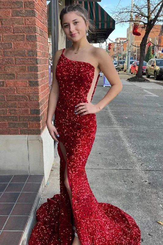 high-low prom dressesOne-Shoulder Red Sequin Mermaid Long Prom Gown with Slit