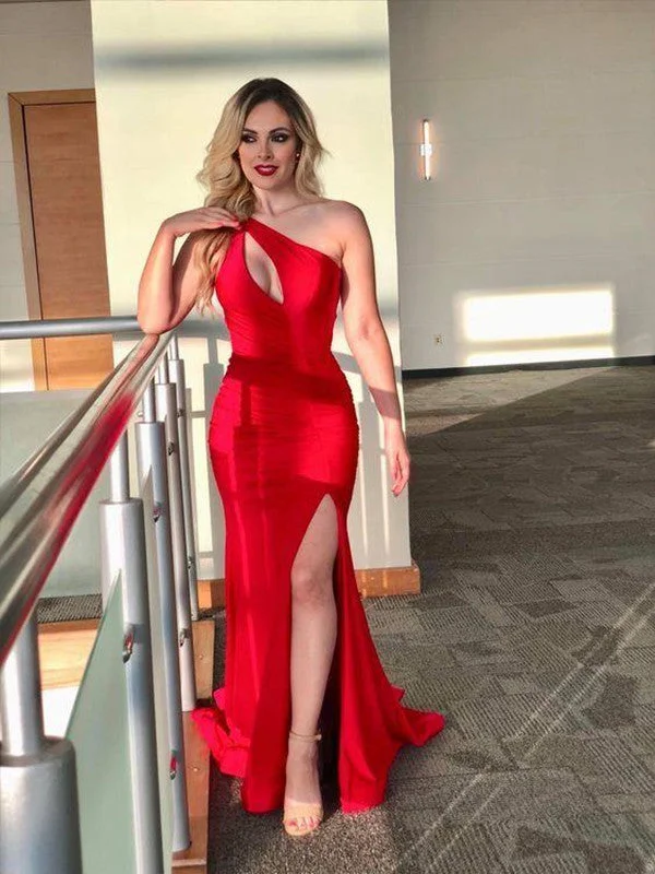 elegant prom dressesOne Shoulder Sexy Side Slit Long Prom Dresses, 2021 Newest Prom Dresses, Mermaid Prom Dresses