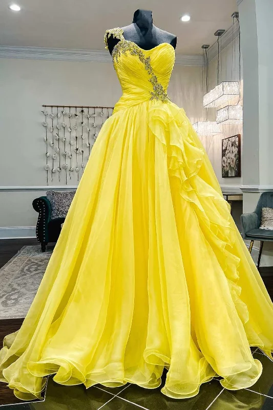 prom dresses for fallOne-Shoulder Yellow Beaded Ruffles Long Prom Gown