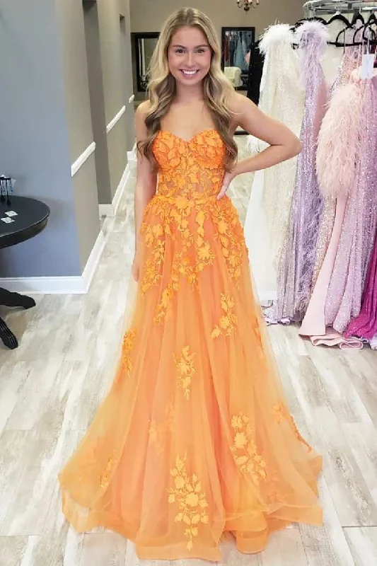 prom dress shopping tipsOrange 3D Floral Lace Strapless A-Line Prom Dress