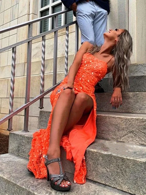 prom dresses for winterOrange Sequins Spaghetti Straps Long Prom Dresses, Sparkly 2021 Newest Prom Dresses