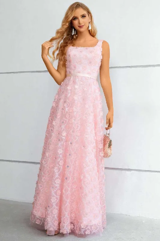 prom dress color trendsPink 3D Floral Lace Square Neck A-Line Prom Dress