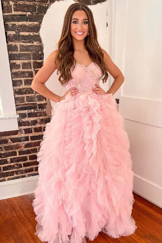 prom dresses for summerPink Beaded Strapless Tiered Prom Dress with Ruffles