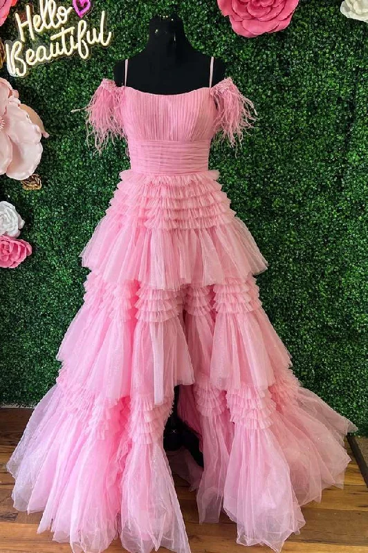 floral prom dressesPink Feather Cold-Shoulder Tiered Long Prom Dress with Ruffles