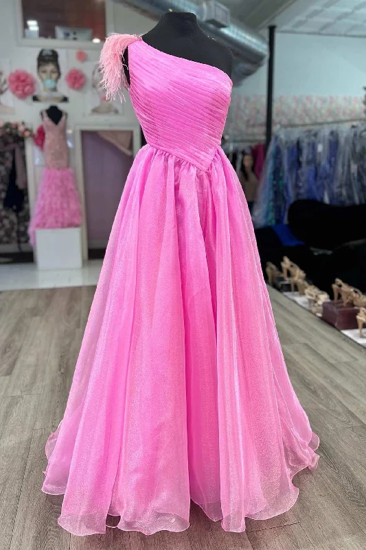 prom dresses for tall girlsPink Feather One-Shoulder Ruching A-Line Long Prom Dress