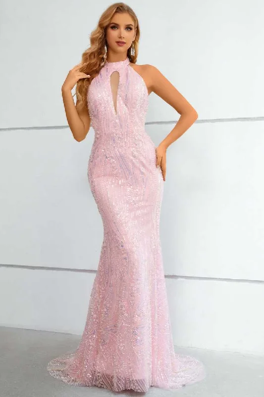 prom dress cleaningPink Lace Halter Keyhole Mermaid Long Prom Dress