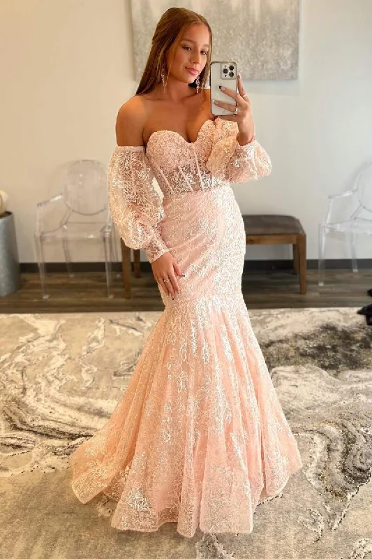 prom dresses for springPink Lace Sweetheart Trumpet Long Prom Gown