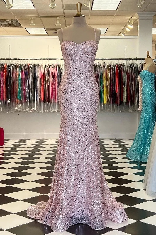 petite prom dressesPink Sequin Sweetheart Mermaid Long Prom Dress