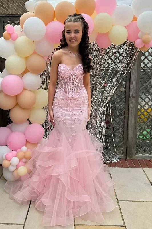 prom dress cleaningPink Strapless Sleeveless Appliques Mermaid Ruffles Long Prom Dress