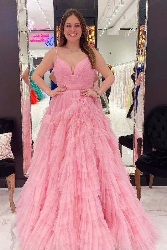 prom dresses for curve-hugging figuresPink Tulle High-Waist Tiered Long Prom Dress with Ruffles