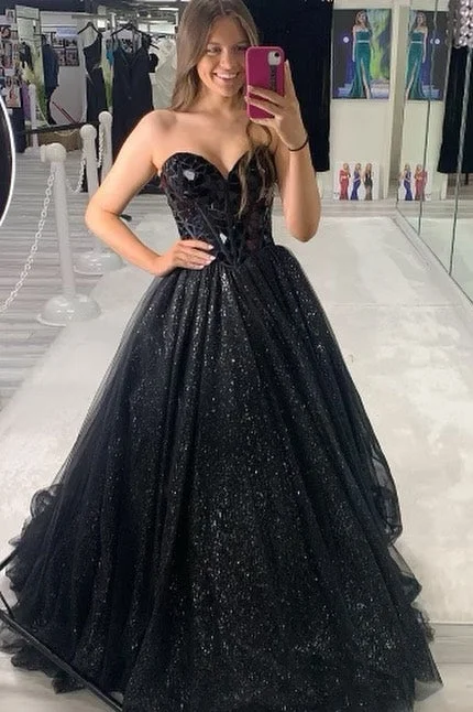 prom dresses with floral embroideryPrincess Black Cut Glass Mirror Sweetheart A-Line Long Prom Gown