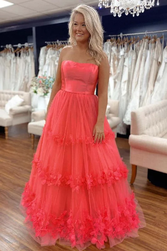 prom dresses for pear shapesPrincess Coral Pink Tulle Strapless Appliques Prom Gown