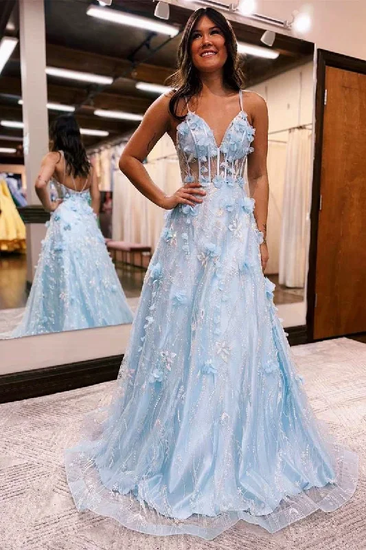 prom dress color trendsPrincess Light Blue 3D Floral Lace V-Neck A-Line Long Prom Dress