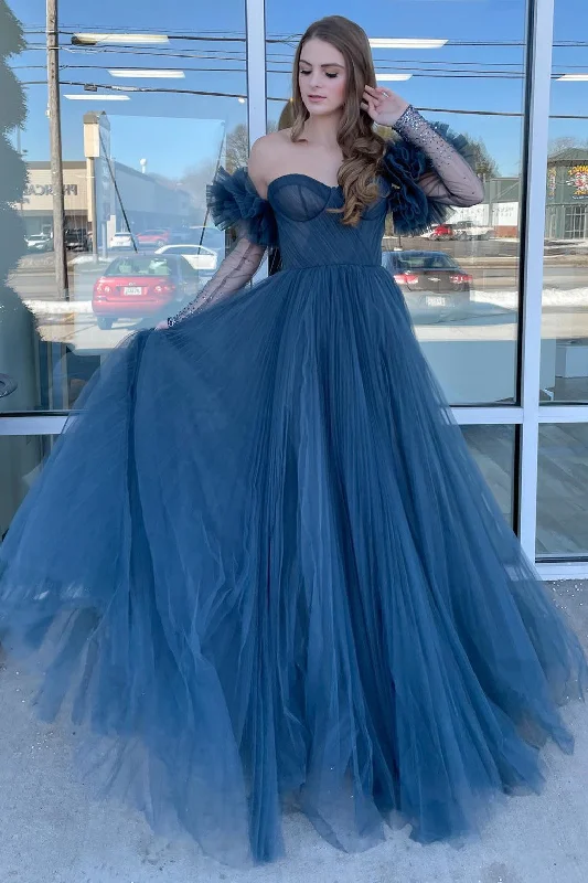 prom dresses for hourglass figuresPrincess Navy Blue Tulle Sweetheart Long Prom Dress with Detachable Sleeves