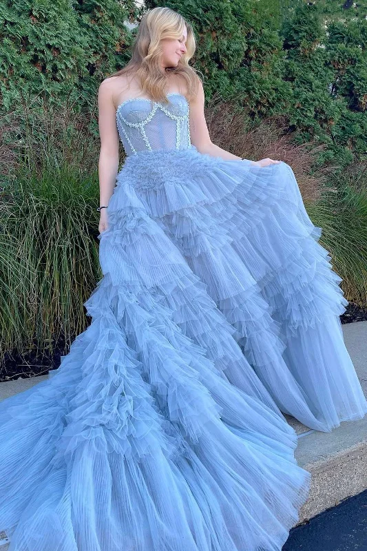 prom dresses for apple shapesPrincess Periwinkle Strapless Tiered Prom Gown