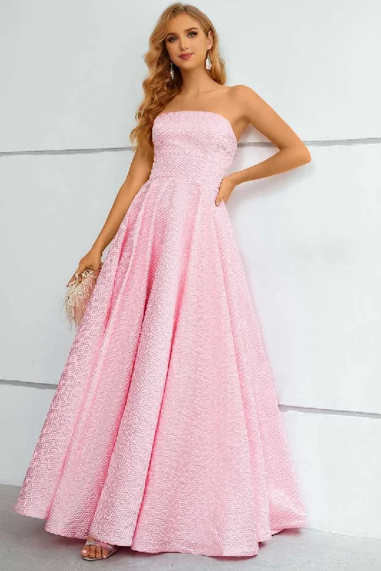 prom dresses with built-in petticoatsPrincess Pink Strapless A-Line Long Prom Dress