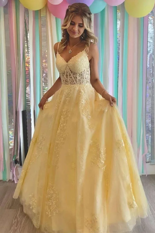 prom dresses for plus-size figuresPrincess Yellow V-Neck Lace-Up Back Long Prom Dress