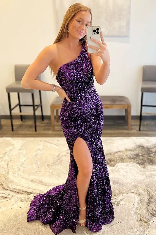 prom dresses with lace appliquésPurple Sequin One-Shoulder Mermaid Prom Dress with Slit