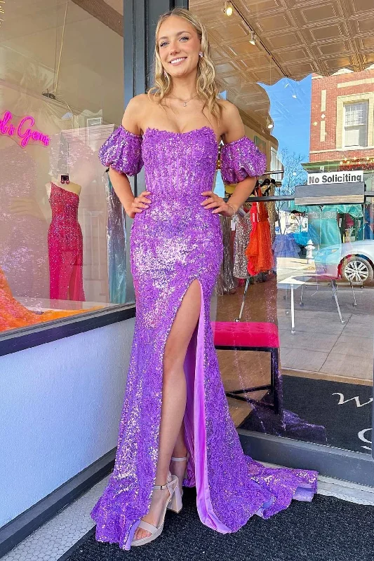 prom dresses with detachable sleevesPurple Sequin Strapless Mermaid Long Prom Dress with Puff Sleeves