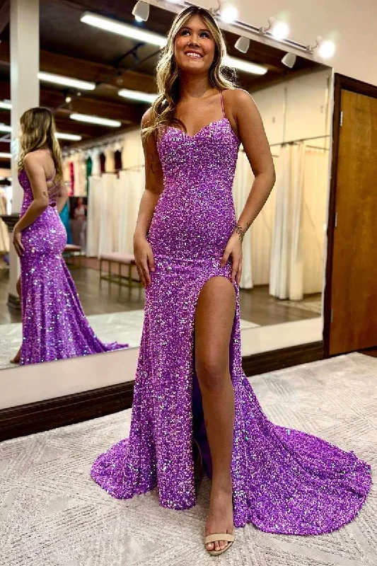 prom dress fitting advicePurple Sequin Sweetheart Lace-Up Mermaid Long Prom Dress with Slit