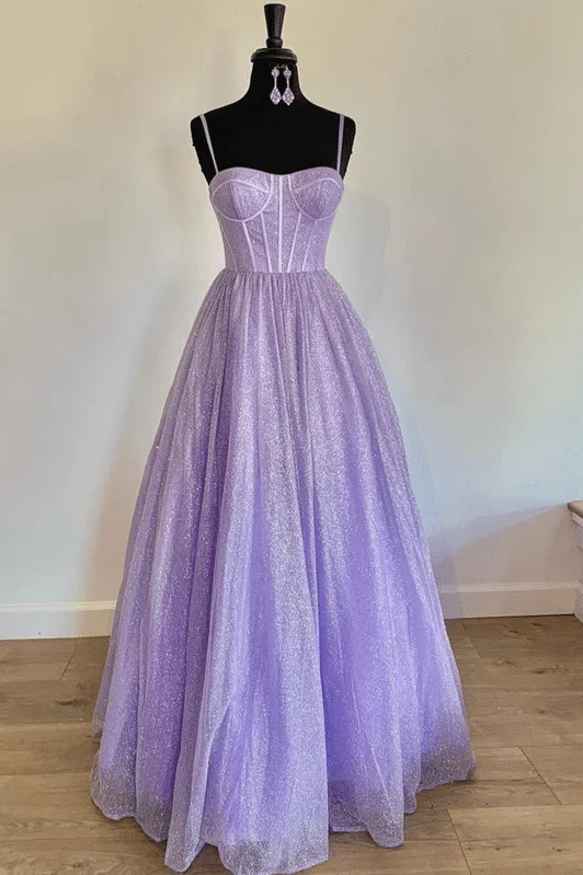 glamorous prom dressesPurple Spaghetti Straps Tulle Sweetheart Pleated Long Prom Dress