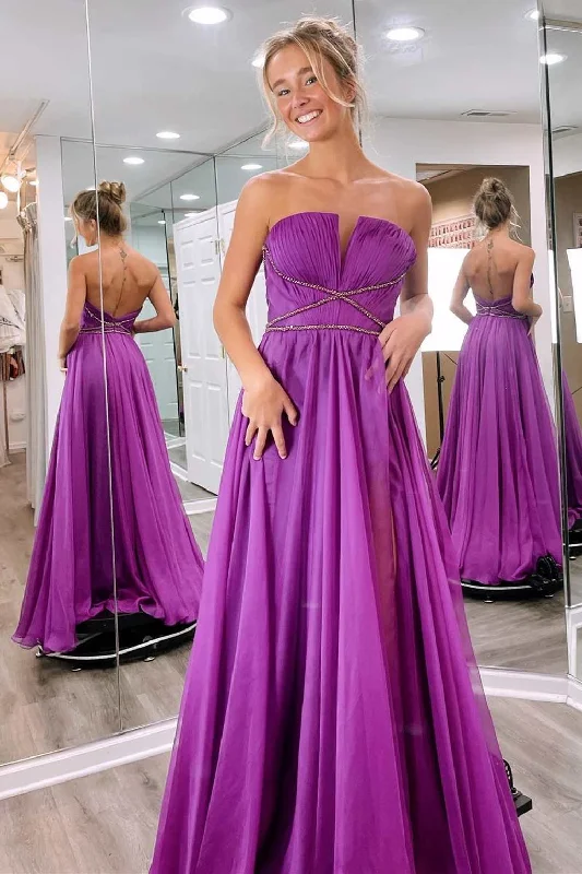 prom dresses with pocketsPurple Strapless Open Back A-Line Prom Dress