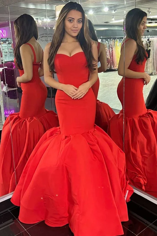 classic prom dressesRed Backless Straps Trumpet Long Prom Dress