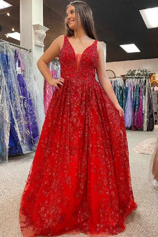 prom dresses with sheer overlaysRed Beaded Plunge V Backless A-Line Prom Gown