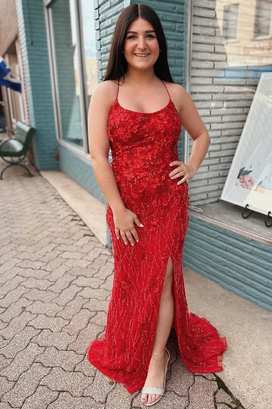 short prom dressesRed Floral Lace Scoop Neck Mermaid Long Prom Dress with Slit