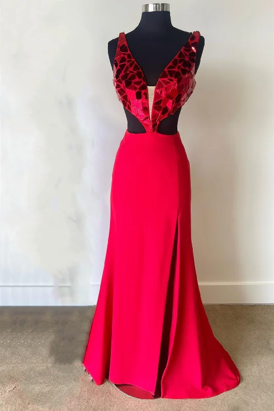 A-line prom dressesRed Mirror-Sequins Plunging V Neck Long Prom Dress with Slit